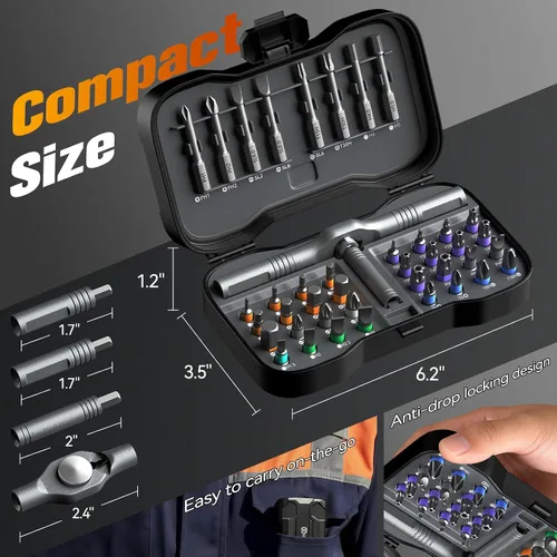 Miniatura 2 de Juego de destornilladores de trinquete 43 en 1 con mango desmontable, cabezal de trinquete de 6.2°, combinación sin puntas de acero Multi S2, kit