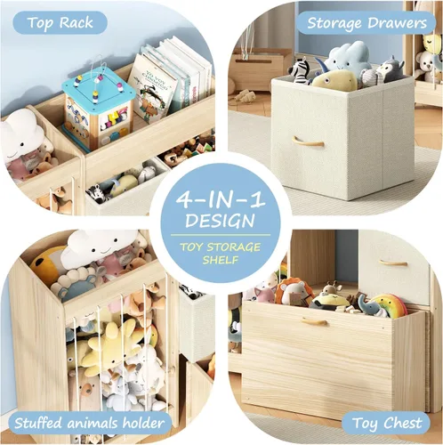 Miniatura 7 de EXPERLAM Organizador de almacenamiento de juguetes con soporte para animales de peluche, estante de juguetes de madera maciza para niños con 2