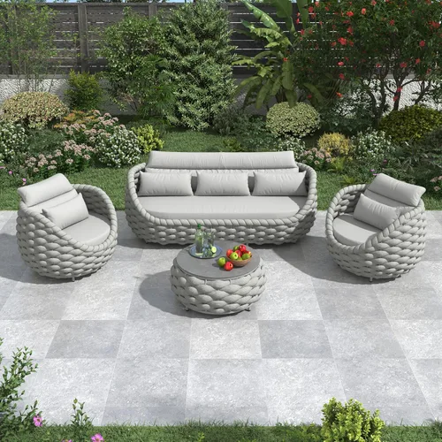 Miniatura 27 de Juego de muebles de patio de cuerda de 4 piezas: conjunto de sofás al aire libre de aluminio acolchado - sofá de conversación moderno ensamblado