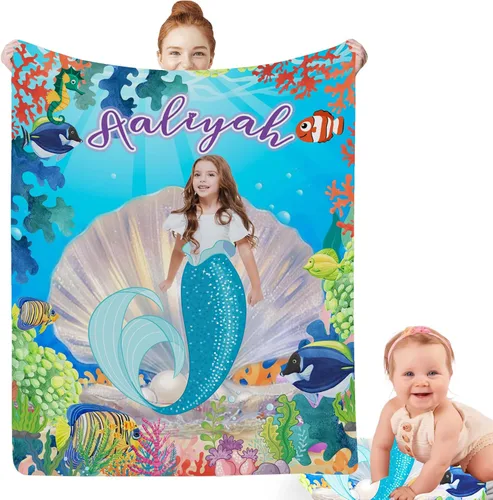 Miniatura 23 de Regalos de Sirena para Niñas, Manta de Bebé Personalizada Pequeña Sirena con Nombre y Foto para Recién Nacidos, Mantas de Regalo Personalizadas