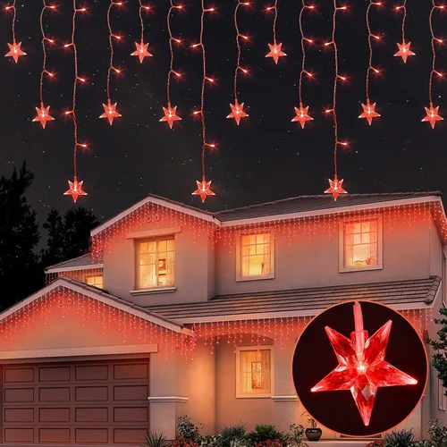 Cadena de luces de Navidad con diseño de carámbanos de 200 LED con estrella, 5 metros de largo, 40 gotas, 8 modos con temporizador, luces de