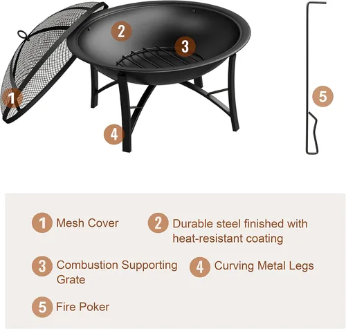 Miniatura 7 de Fire Beauty Brasero para Exteriores para Quemar Leña, Parrilla BBQ Tazón de Fuego de Acero con Cubierta de Malla Protectora contra Chispas, Rejilla