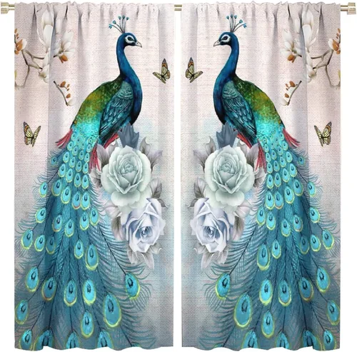 Miniatura 36 de Cortina opaca con estampado de pavo real, con estampado de animales retro, con bolsillo para cortinero y flores de peonía doradas, para dormitorio