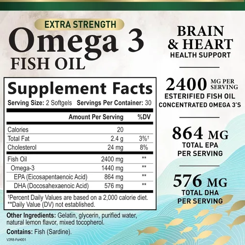 Miniatura 2 de Suplementos de aceite de pescado Omega 3 – 2400 mg de aceite de pescado por porción – Omega-3 de triple fuerza con ácidos grasos EPA y DHA – Apoyo