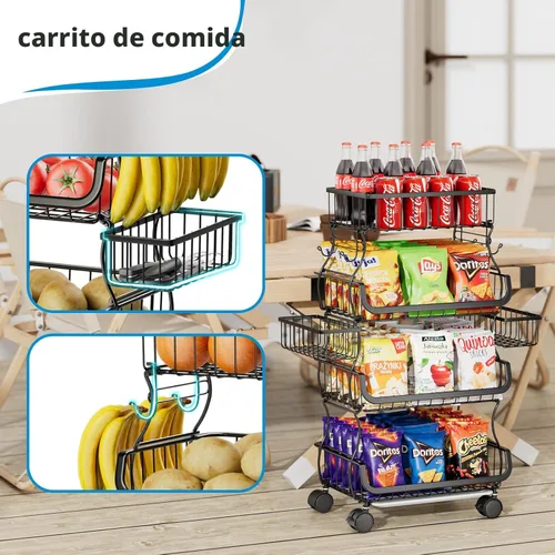 Miniatura 4 de Simple Trending - Carrito rodante de 4 niveles apilable, canasta de frutas y verduras con ruedas y 2 canastas colgantes, soporte de alambre de metal