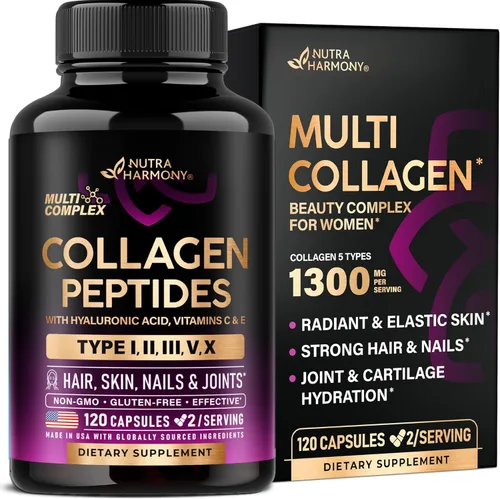 Péptidos de colágeno múltiple – Tipos hidrolizados I, II, III, V y X – Suplemento de colágeno para mujeres 1300mg – con ácido hialurónico, vitaminas