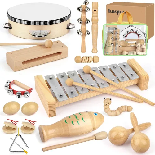 Instrumentos musicales para niños, juegos de juguetes de percusión musical de madera 100% natural, 23 piezas de juguetes de pandereta y xilófono