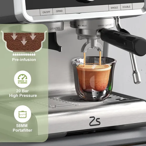 Miniatura 4 de Máquina de café espresso semiautomática, cafetera profesional de 20 bar con molinillo, calentamiento rápido de 1450 W, 30 ajustes de molienda