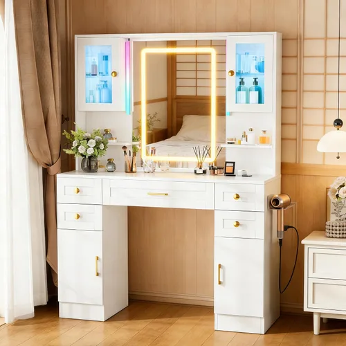 Miniatura 24 de KAMABOKO Escritorio de tocador con luz y espejo, mesa de maquillaje blanca con cajones y estación de carga, 3 modos ajustables para dormitorio y 042