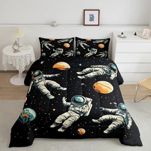 Manfei Juego de edredón de astronauta de dibujos animados, tamaño individual, juego de ropa de cama colorido de cielo estrellado galaxia para niños
