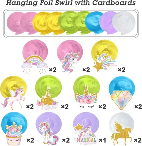 Miniatura 2 de Zonon 51 piezas de unicornio colgante de remolino, decoraciones de unicornio para fiesta de cumpleaños para niñas, suministros de fiesta