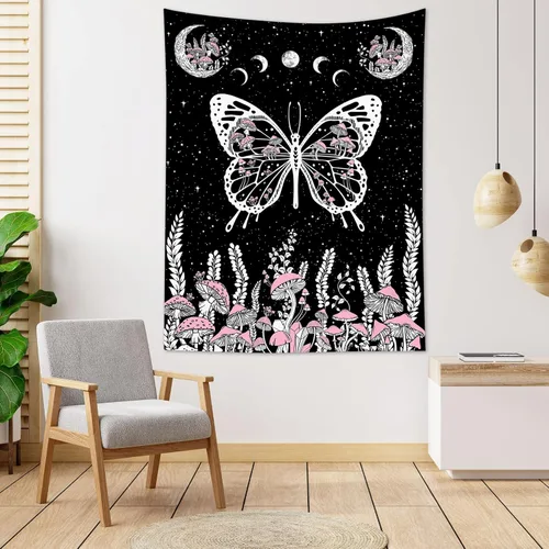 Miniatura 15 de LB Tapiz pequeño de mariposa colorido para colgar en la pared, diseño psicodélico de flores silvestres 3D, mariposas de fantasía floral, arte
