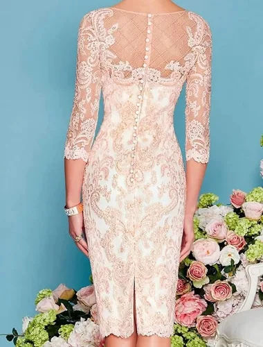 Miniatura 4 de Mother-of-The-Bride-Dresses-for-Wedding Lace Knee Length Chiffon Gowns Dresses 34 Length Sleeves Lace Formal Gowns
