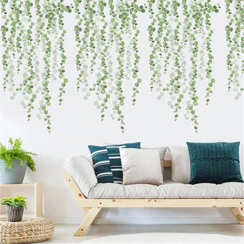 Pegatina de pared de eucalipto de plantas verdes colgantes 3D acuarela plantas verdes vid calcomanía de pared extraíble DIY arte de pared para sala