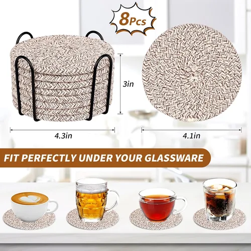 Miniatura 3 de Mckanti Paquete de 8 posavasos con soporte, posavasos absorbentes para mesa de café, juego de posavasos de algodón minimalista tejido
