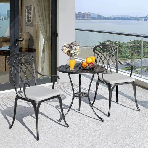 NUU GARDEN Juego de mesa bistró de 3 piezas de aluminio fundido para exteriores con agujero para sombrilla y cojines grises para patio, balcón, Gris