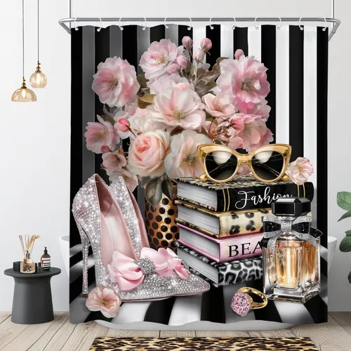 Miniatura 11 de Riyidecor Cortina de ducha de moda pequeña de 36 pulgadas de ancho x 72 pulgadas de alto, rayas blancas y negras, rosa, moderno, libro de revistas