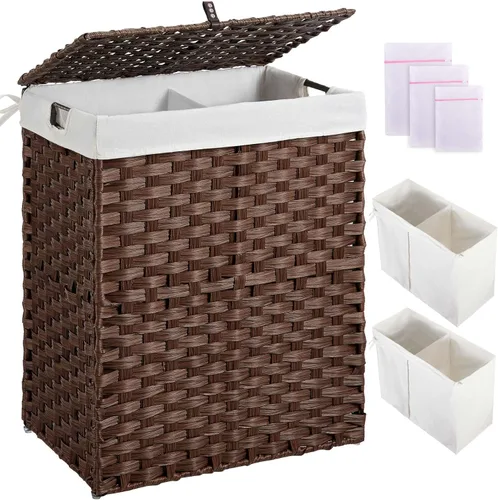 Miniatura 10 de Greenstell Cesta para la ropa sucia con 2 bolsas de forro extraíbles – Cesta de ropa dividida de 90 L, cesta de lavandería plegable de ratán Gris