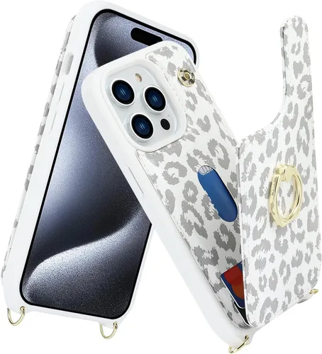 Miniatura 2 de Lipvina Funda para iPhone 15 Pro Max con tarjetero y correa para mujer, cordón cruzado, bloqueo RFID, soporte de anillo, cierre a presión, bonita