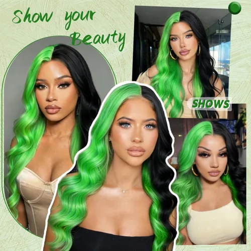 Miniatura 5 de Pelucas sintéticas de encaje frontal verde y negro, pelucas sintéticas de onda larga para mujer, 26 pulgadas (3/4 verde y 1/4 negro)