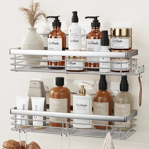 Miniatura 12 de Orimade Organizador de ducha con 5 ganchos para colgar maquinilla de afeitar y esponja, estante de ducha adhesivo, cesta de almacenamiento de baño