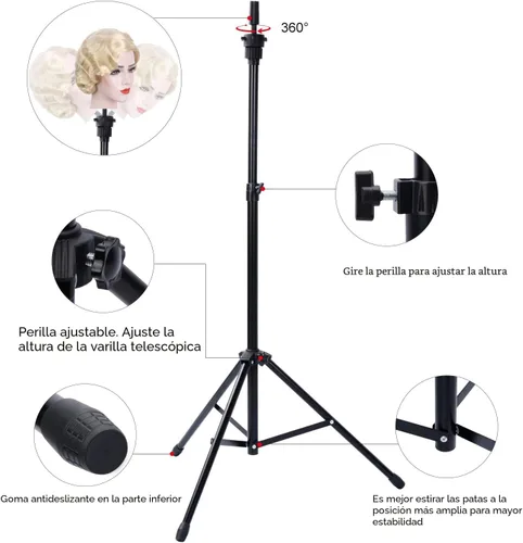 Miniatura 5 de Klvied Soporte reforzado para peluca, trípode para maniquí, soporte ajustable para la cabeza, para prácticas de cosmetología y peluquería con tapas