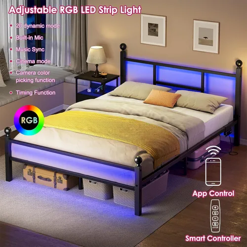 Miniatura 3 de Fixwal Base de cama de tamaño matrimonial con estación de carga, marco de cama de metal con puerto y toma de corriente