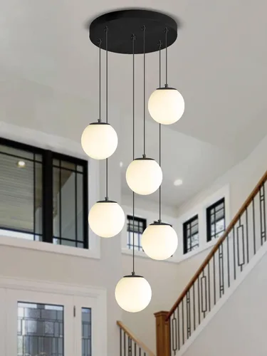 Miniatura 32 de ykolupty Escalera LED de 10 luces LED moderna con globo de cristal, lámpara colgante grande para techos altos, accesorios de iluminación de entrada