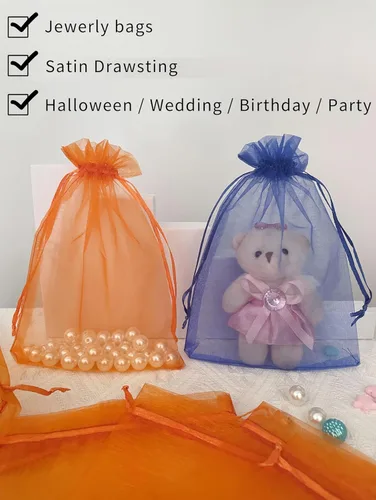 Miniatura 6 de Jexila - 100 bolsas de organza naranja de 5 x 7 pulgadas con cordón para calabazas de Halloween, bolsas de regalo para niños, bolsas de dulces