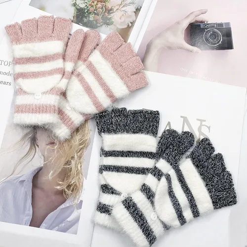 Miniatura 90 de Beurlike Guantes de invierno para mujer, de lana cálida, a prueba de viento, convertibles, sin dedos