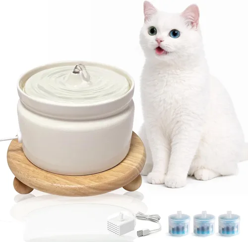 Miniatura 11 de Fuente de agua de cerámica para gatos, fuente automática para beber mascotas de 1 litro/32 onzas, bomba silenciosa alimentada por USB, triple Verde