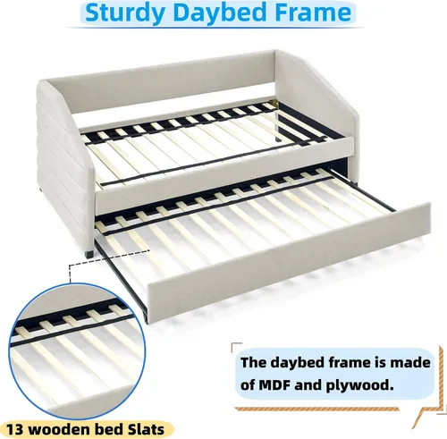 Miniatura 6 de Flieks Sofá cama tapizado de tamaño individual con nido, sofá cama tapizado de tela de lino, cama nido con ruedas y marco de madera, no necesita