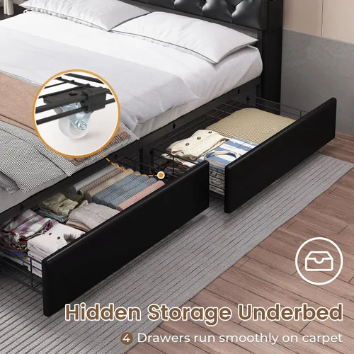 Miniatura 5 de HAUOMS Cama Twin con Cabecera de 3 Niveles y Almacenamiento Oculto, Marco LED Tapizado con 4 Cajones y Estación de Carga, Cama de Plataforma de Pu