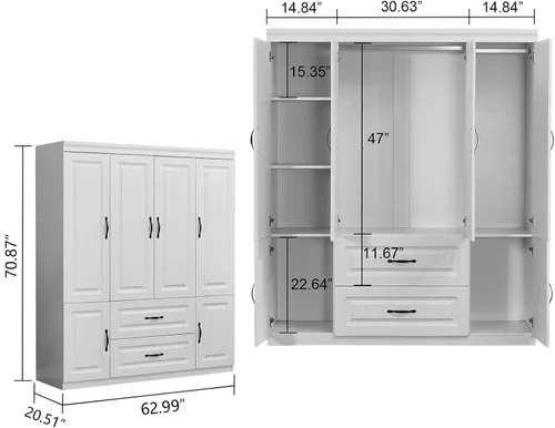 Miniatura 2 de Armario Armario Armario: Armario grande de madera blanca para dormitorio, armario de madera con 4 puertas, 2 cajones, armario alto con estantes y 2