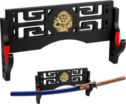 Alyoen Soporte de pared Katana para espada Samurai con gancho acolchado de terciopelo y patrón de dragón, soporte de espada para sable de luz