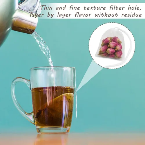 Miniatura 4 de 100 bolsas de té vacías desechables, bolsas de té sueltas para té de hojas sueltas, bolsas de té de malla reutilizables con cordón para café