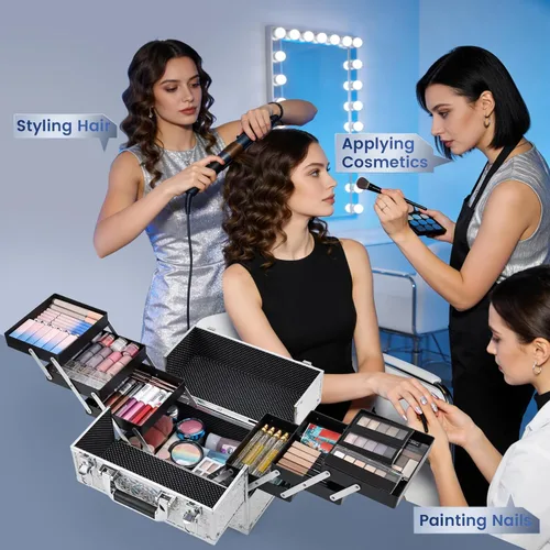 Miniatura 2 de Frenessa - Maletín de maquillaje portátil de 12 pulgadas, 6 bandejas de maquillaje, organizador de maquillaje profesional con llaves con cerradura