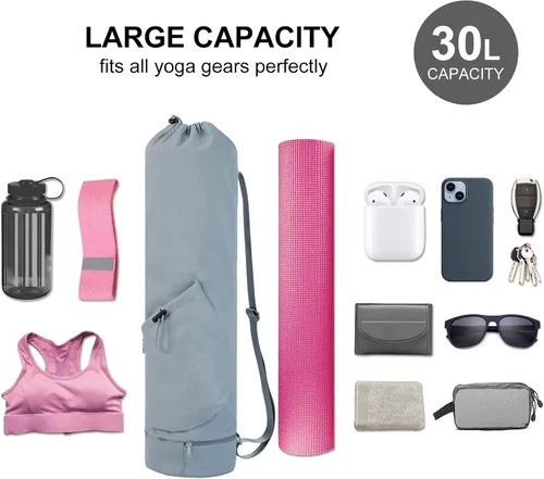 Miniatura 3 de sportsnew Bolsa para esterilla de yoga con bolsillo para botella de agua y bolsillo inferior para artículos mojados, bolsa de transporte para Gris