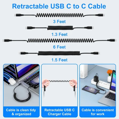 Miniatura 5 de Cable USB C para Android Auto de carga rápida, 3 pies + 6 pies, retráctil en espiral tipo C a C, cable de carga de teléfono para Samsung Galaxy A17