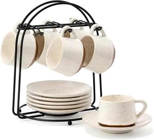 SIDUCAL Juego de 6 tazas apilables para capuchino de 4 onzas, tazas de café de cerámica con platillos y portavasos, aptos para microondas y