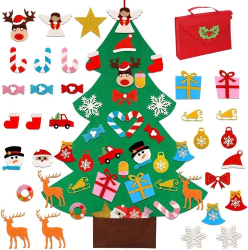 OurWarm Árbol de Navidad de fieltro para niños, árbol de Navidad de 3 pies con 30 adornos de purpurina para niños, regalos de Navidad, decoración