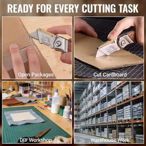 Miniatura 8 de WORKPRO Cuchillo utilitario plegable con clip para cinturón y cuchillas adicionales de 10 piezas, mango de madera, cortador resistente, cambio