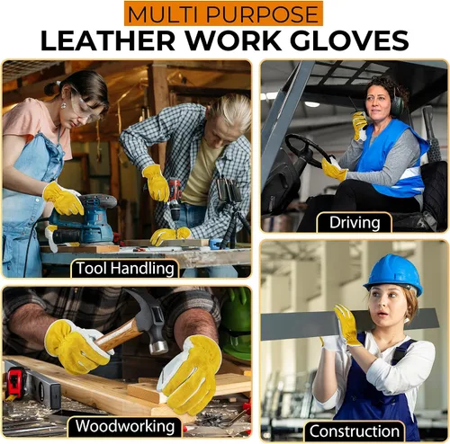 Miniatura 4 de HANDLANDY Guantes de jardinería de cuero para hombre, guantes de trabajo utilitarios para mecánicos, construcción, conductor