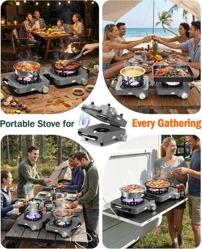 Miniatura 11 de Estufa de campamento con 2 quemadores de propano, 30,000 BTU plegable con rejillas resistentes al viento y sartén, estufas de camping portátiles