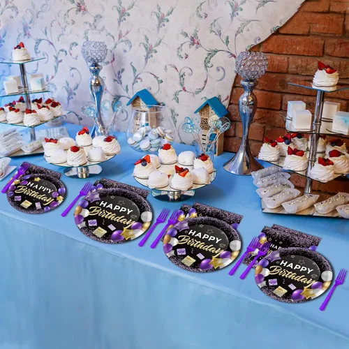 Miniatura 6 de Wiooffen 96 piezas de juego de vajilla para fiesta de cumpleaños morado - Juego de platos, servilletas y vajilla morados y negros, suministros