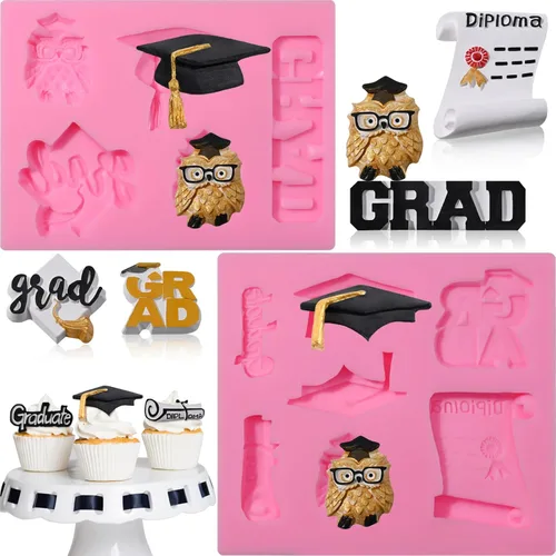 Moldes de graduación de silicona, moldes de fondant de graduación con tapa de graduación de búho, molde de silicona para chocolate, dulces,