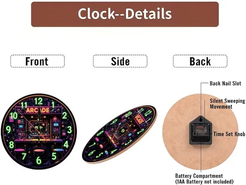 Miniatura 6 de Mini reloj arcade retro de arte neón de madera de 10 pulgadas, movimiento silencioso, funciona con pilas (AA pilas no incluidas), decoración