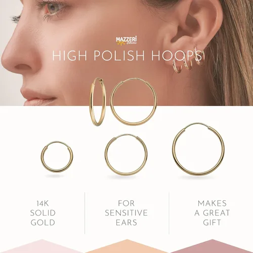 Miniatura 4 de MAZZERI Aretes de aro de oro macizo de 14 quilates para mujer, hipoalergénicos, 0.04 pulgadas de grosor, cierre redondo sin fin, oro amarillo