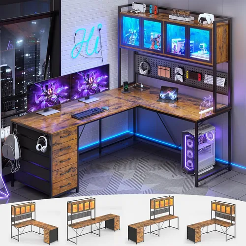 Miniatura 10 de SEDETA Escritorio Gaming en Forma de L con Cajones, Escritorio para Computadora en Forma de L con Estante Superior y Repisas de Almacenamiento