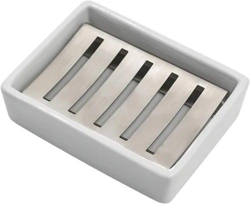 TOPSKY Jabonera de cerámica de acero inoxidable para baño, doble capa, bandeja de jabón autodrenante, di no al jabón blando, fácil limpieza (blanco)